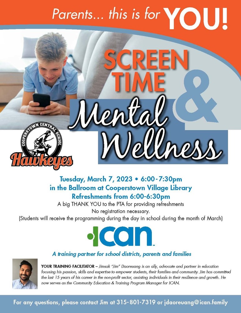 Flyer advertising ICAN Screen Time & Mental Wellness Presentation
