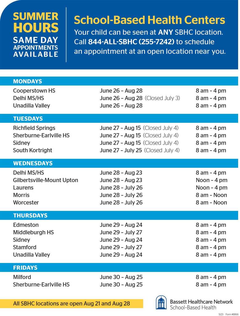 School-Based Health Centers Summer Hours